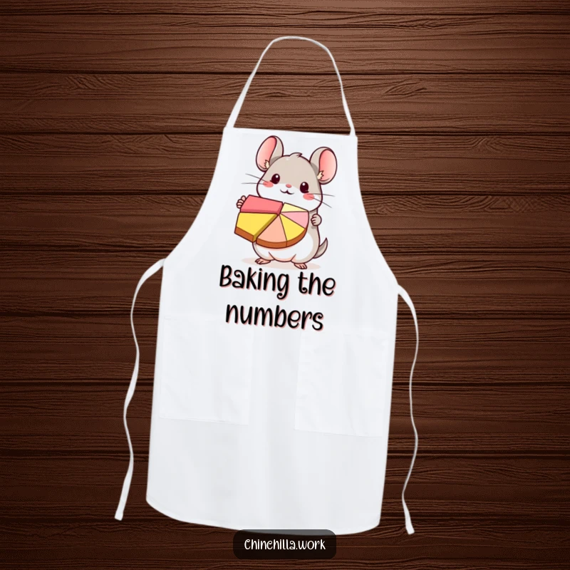 Funny kawaii chinchilla character presenting a colorful pie chart on a cute and practical cooking apron.