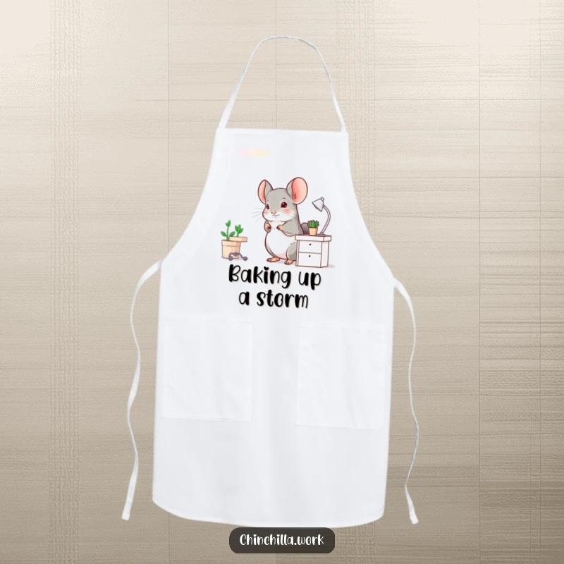 Funny Chinchilla Apron: A chinchilla hops energetically at a miniature desk, ready to whip up deliciousness with a humorous flair.