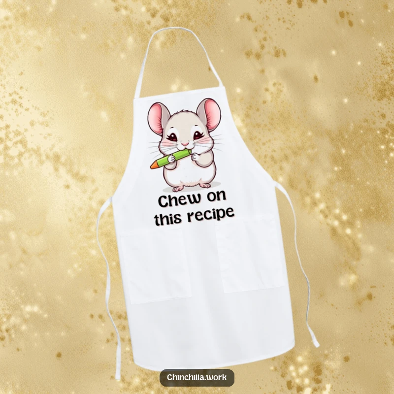 Funny chinchilla apron depicting a rodent enthusiastically chewing a pen, a humorous kitchen accessory for culinary artists.