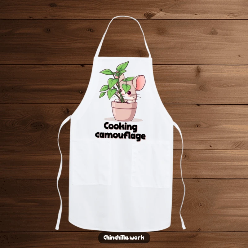 Funny chinchilla apron with a rodent peeking from a plant, ideal for gardening and kitchen humor.