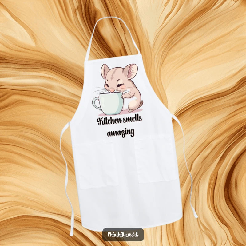 Funny Apron: Curious chinchilla intently sniffing a coffee mug, a humorous and practical choice for kitchen tasks.