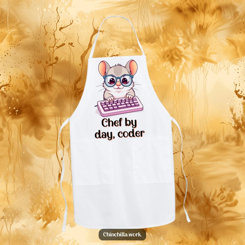 Funny Apron: Chinchilla in oversized glasses typing furiously, a humorous and practical choice for kitchen tasks.