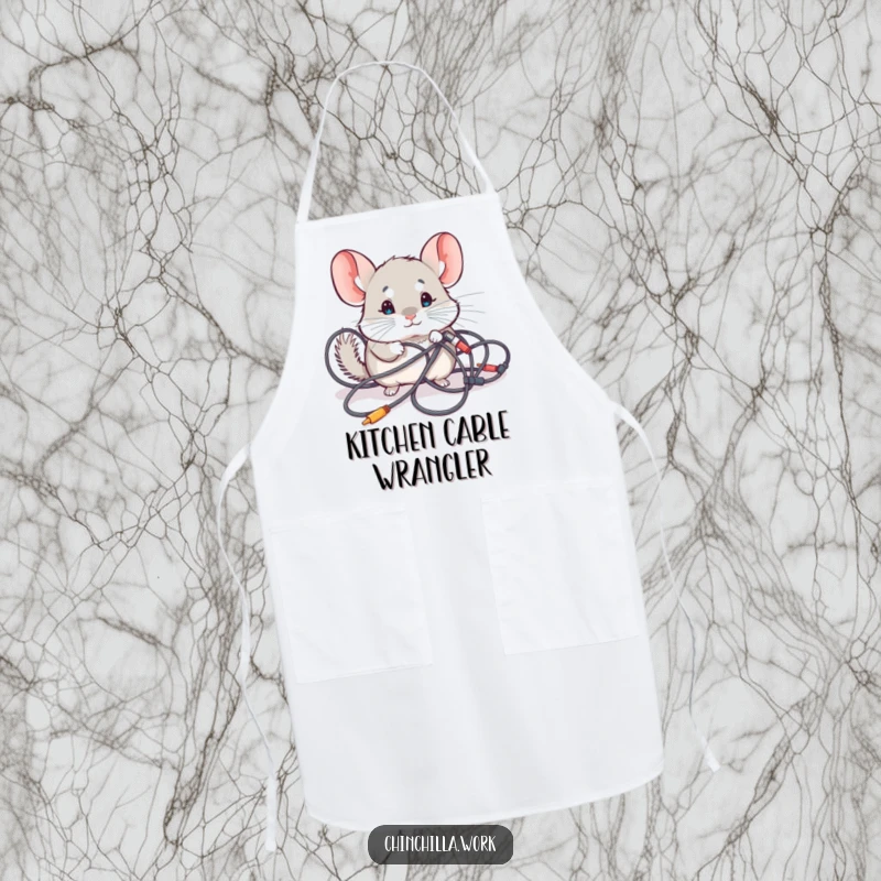 Funny Apron: A kawaii chinchilla exploring tangled computer cables, perfect for adding humorous tech flair to kitchen wear.
