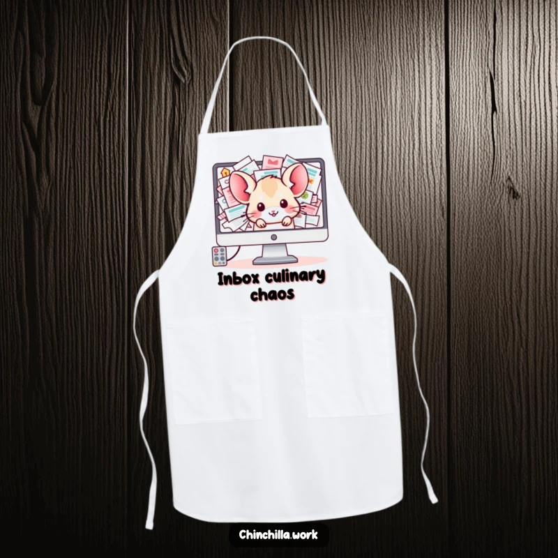 Funny Chinchilla Apron: A kawaii office chinchilla peeks from a computer screen overflowing with inbox emails, ready for kitchen duty.