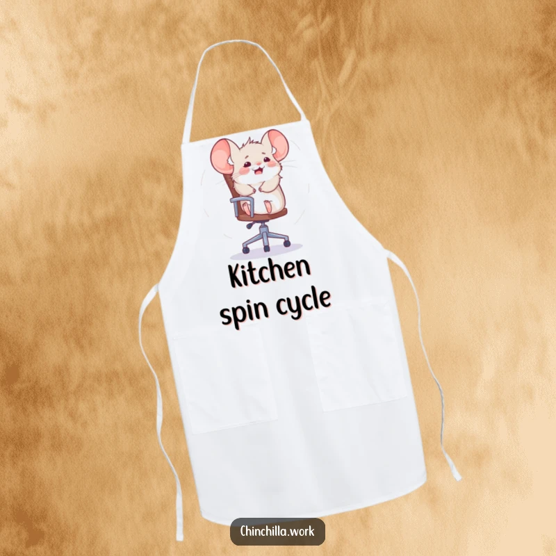 Funny chinchilla apron depicting a rodent spinning on an office chair, a humorous kitchen accessory for playful chefs.