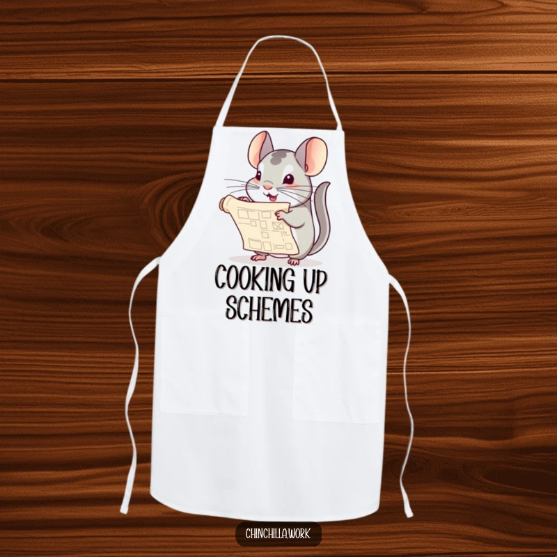 Funny Chinchilla Apron: A chinchilla playfully unfurls a rolled blueprint, ready to construct delicious meals with a humorous approach.