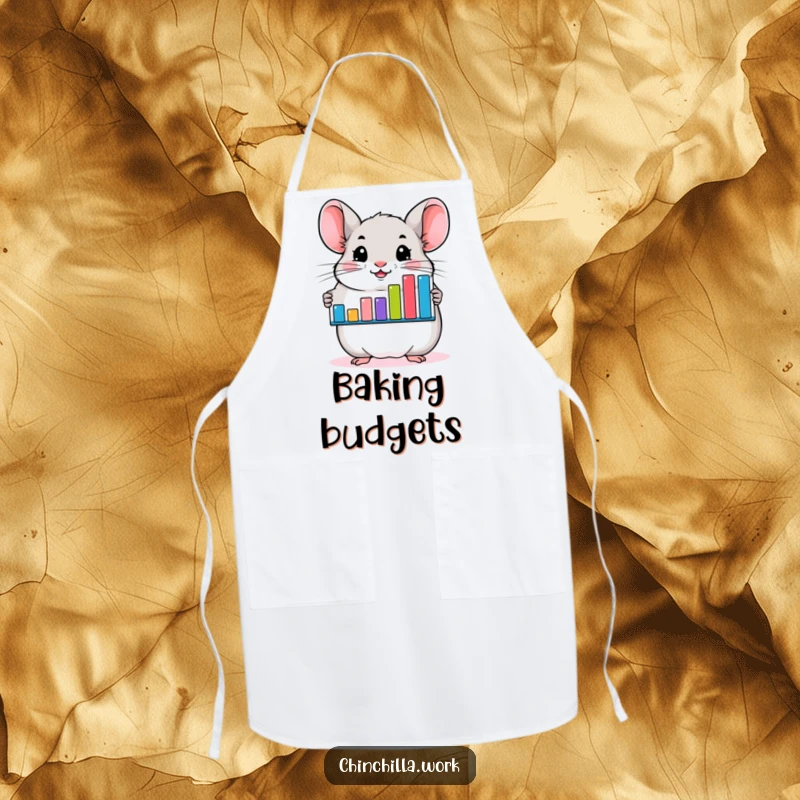 Funny chinchilla apron showing a happy rodent presenting a bar graph, ideal for kitchen use and humorous cooking.