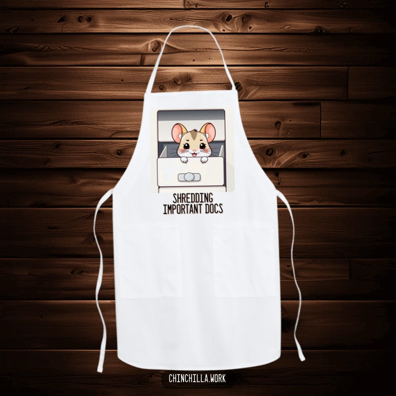 Funny Chinchilla Apron: A chinchilla with a delighted grin peeks from a filing cabinet drawer, ready to oversee kitchen operations humorously.
