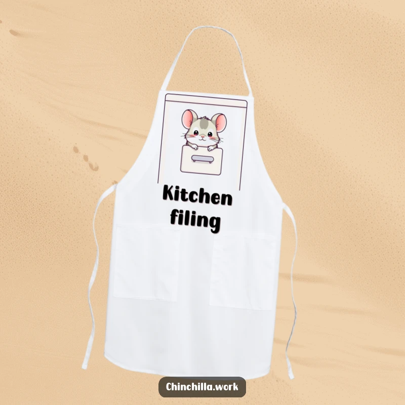 Funny chinchilla character peeking out of a filing cabinet, shown on a practical and humorous cooking apron.