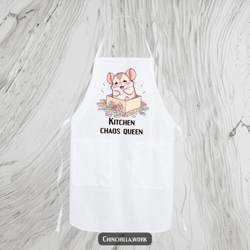 Funny Chinchilla Apron depicting a chinchilla joyfully rolling in a spill of paperclips, ideal for a playful kitchen.