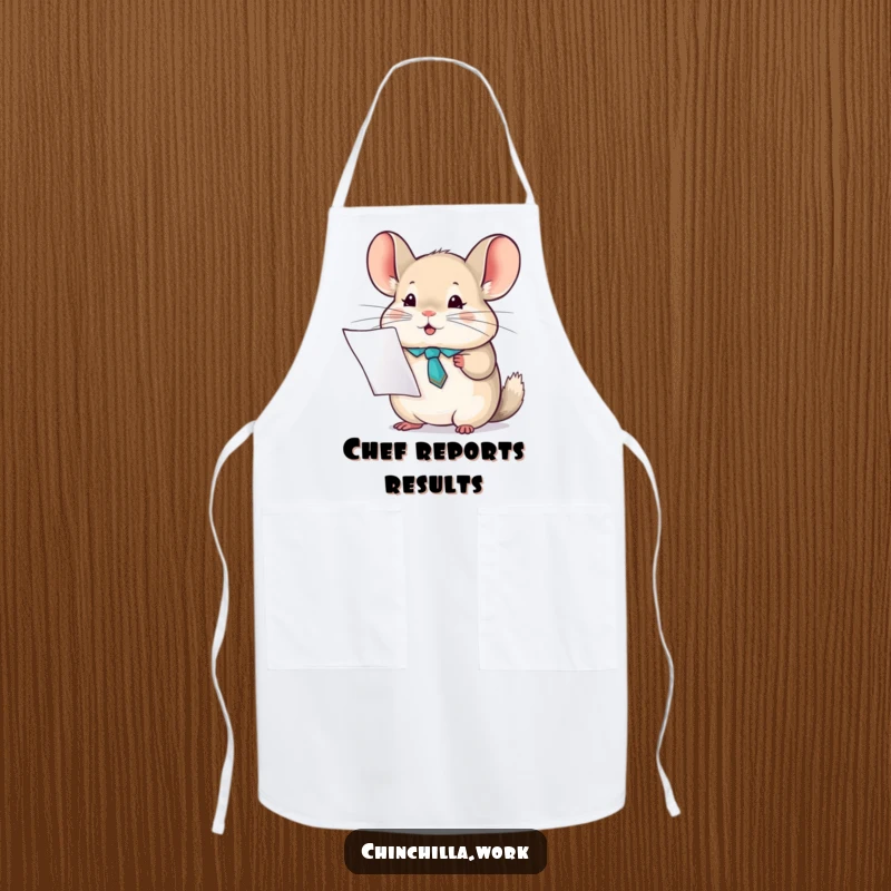 Funny chinchilla tie apron with a character holding a report, ideal for kitchen tasks with a touch of professional charm.