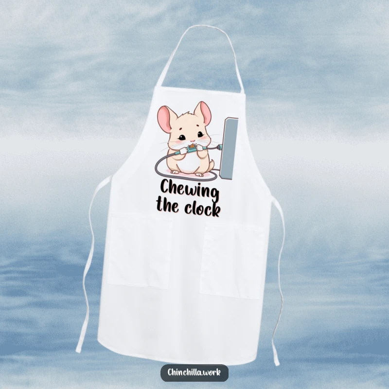 Funny apron with a kawaii office chinchilla intensely chewing a charging cable, great for kitchen use.