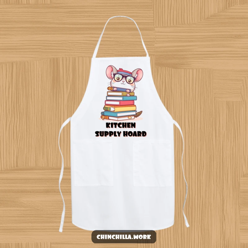 Funny chinchilla office chaos apron with a character holding a precarious stack of supplies, ideal for kitchen tasks with work humor.