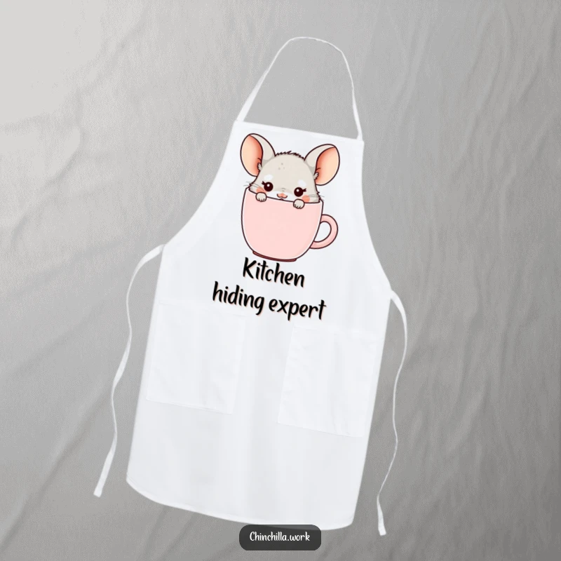 Funny office chinchilla apron, hiding in a coffee mug with ears showing, perfect for coffee time fun and protection.