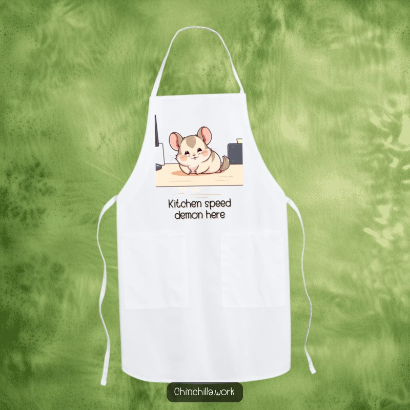Funny sliding chinchilla apron showing a chinchilla comically gliding across a desk, ready for kitchen fun and spills.
