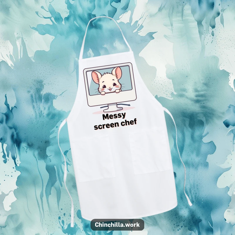 Funny kitchen apron with a chinchilla peeking from behind a computer monitor with a smile, perfect for coding or crafting.