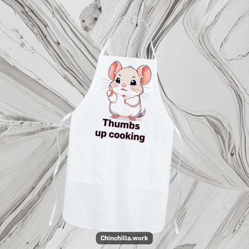 Funny chinchilla apron depicting a rodent giving a determined thumbs up, a humorous kitchen accessory for positive chefs.