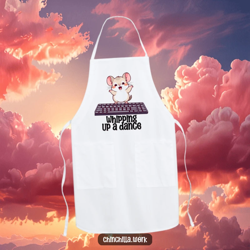 Funny apron depicting a kawaii office chinchilla dancing on a computer keyboard, adding kitchen cheer and humor.