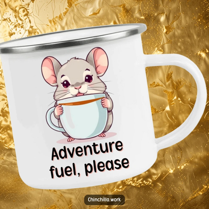 Funny chinchilla enamel camping mug showing an alert chinchilla with a giant coffee mug, perfect for outdoor adventures and humor.