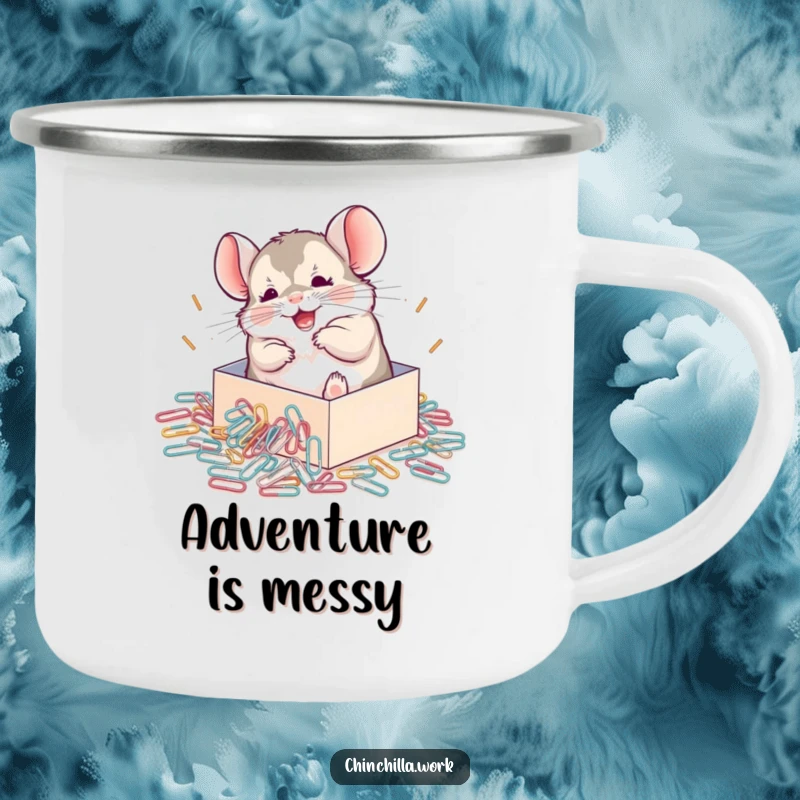 Funny Chinchilla Camping Mug depicting a chinchilla joyfully rolling in a spill of paperclips, perfect for outdoor enthusiasts.
