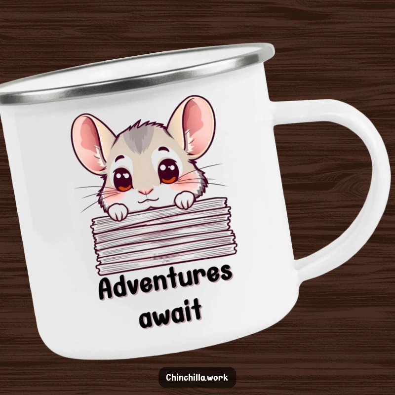 Funny chinchilla camping mug showing a chinchilla with curious eyes peeking over important documents, suitable for outdoor use and humorous gifting.