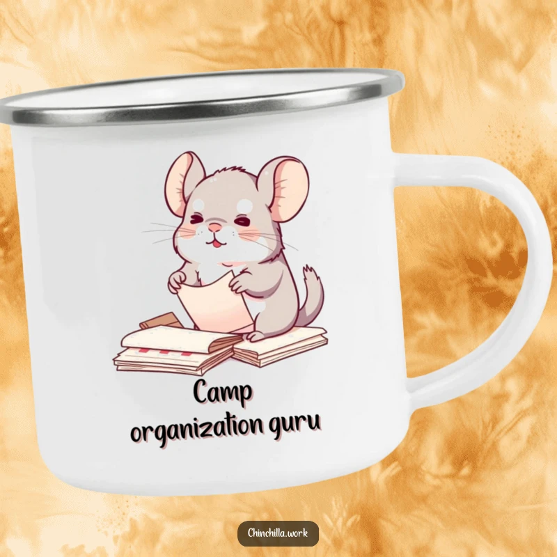 Funny Kawaii Chinchilla Camping Mug: Features a chinchilla organizing papers, perfect for neat outdoor adventures, a funny gift.