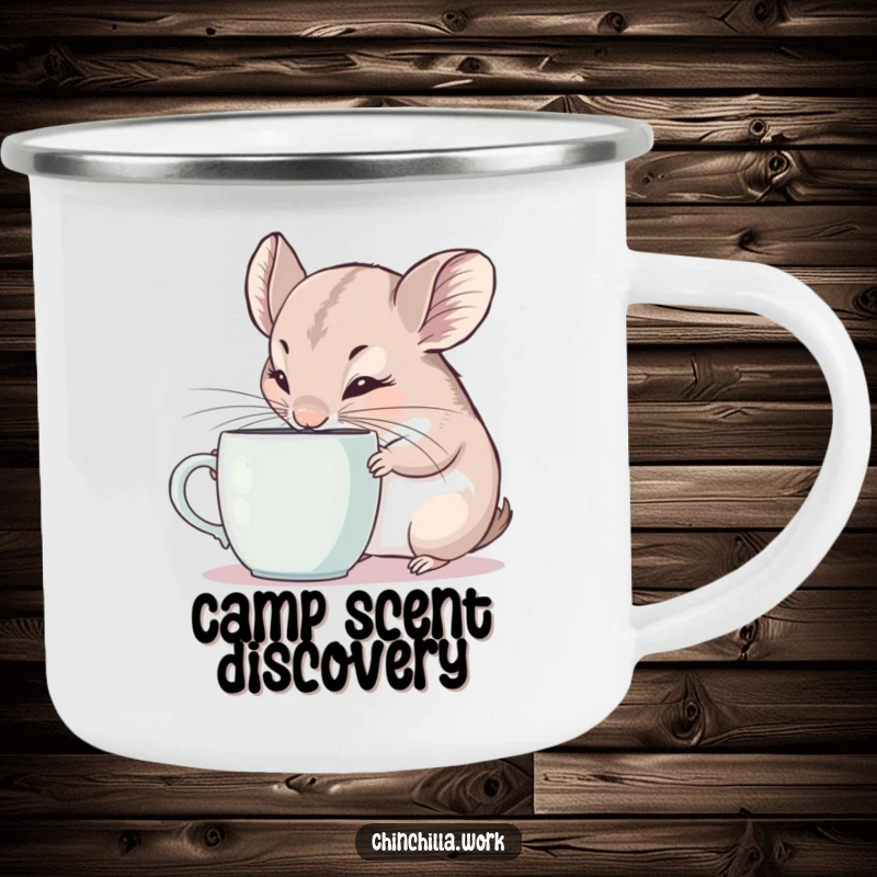 Funny Camping Mug: Curious chinchilla intently sniffing a coffee mug, ideal for enjoying beverages during outdoor explorations.