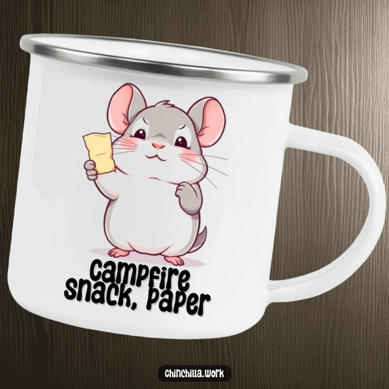 Funny office chinchilla camping mug, triumphantly holding a paper shred, perfect for celebrating outdoor wins with cute humor.