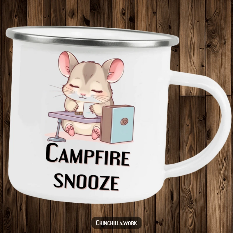 Funny chinchilla camping mug, sleepy rodent at miniature desk, paperclip stuck to fur, durable for outdoor use and humor.