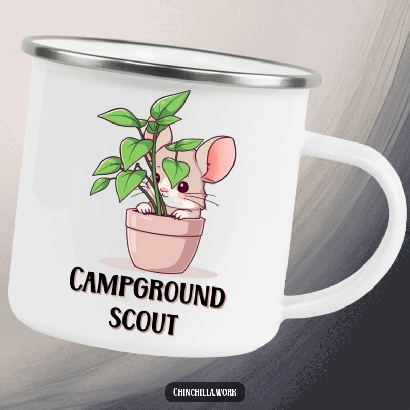 Funny chinchilla camping mug with a rodent peeking from greenery, perfect for outdoor adventures and humor.