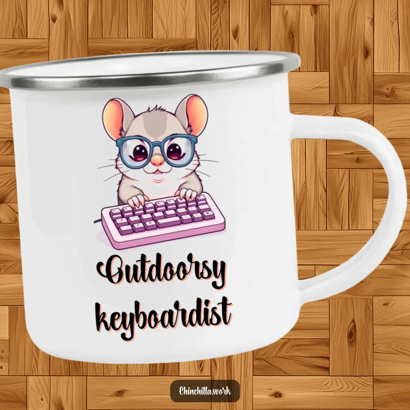 Funny Camping Mug: Focused chinchilla wearing large glasses, typing intensely, ideal for enjoying beverages during outdoor work sessions.