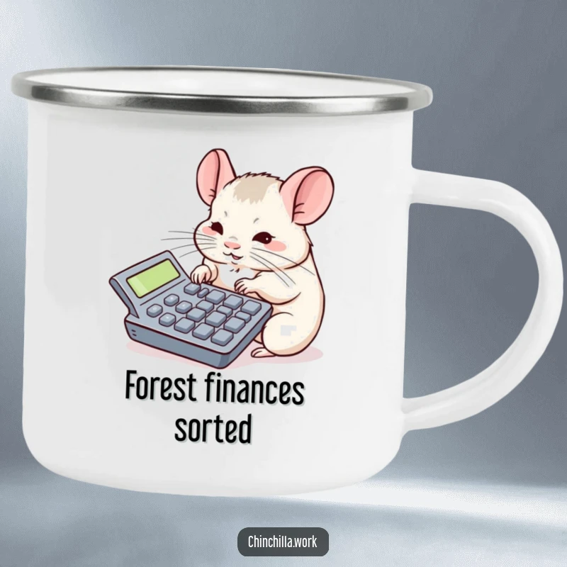 Funny chinchilla camping mug featuring a rodent concentrating on a huge calculator, perfect for outdoor math and laughs.