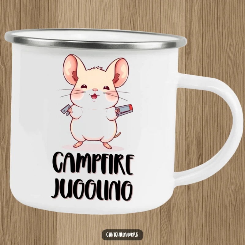 Funny camping mug with a chinchilla juggling staplers with impressive balance, ideal for enjoying drinks outdoors with unique humor.