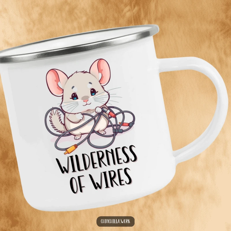 Funny Camping Mug: A kawaii chinchilla investigating tangled cables, perfect for outdoor drinks and humorous tech appreciation.