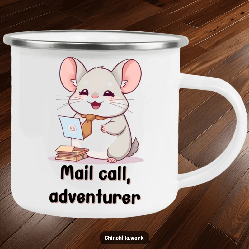 Funny enamel camping mug featuring a chinchilla with a tiny tie, joyfully sorting mail, great for outdoor drinks.