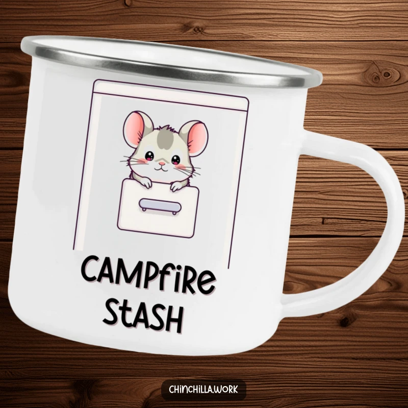 Funny chinchilla character peeking its head out of a filing cabinet, featured on a durable camping mug for office humor anywhere.