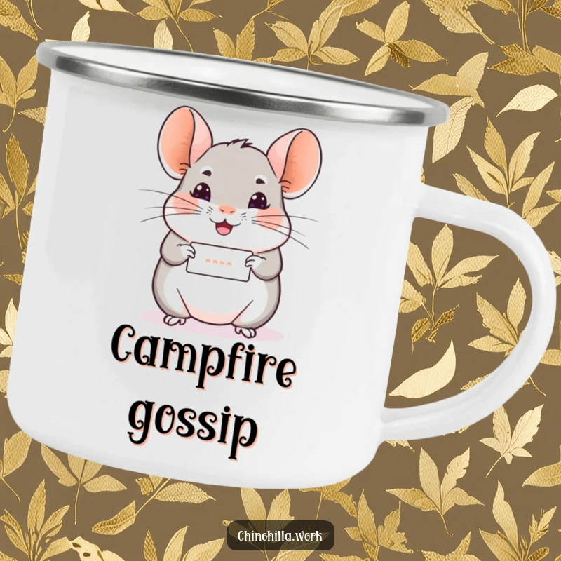 Funny Chinchilla Camping Mug: A chinchilla offers a tiny rolled message with a cheerful wiggle, symbolizing good news on any expedition.