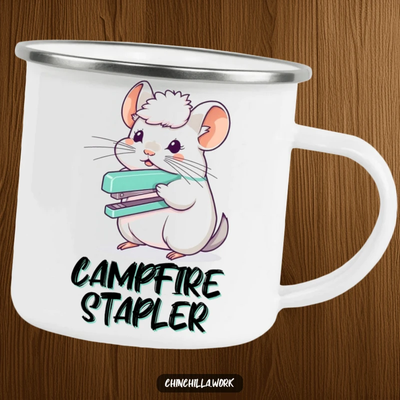 Funny chinchilla character balancing a stapler on its fluffy head, featured on a durable camping mug for office humor anywhere.