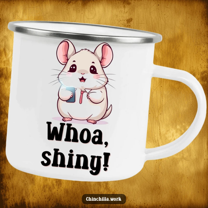 Funny camping mug with a kawaii office chinchilla startled by a flashing light, durable for outdoor use.