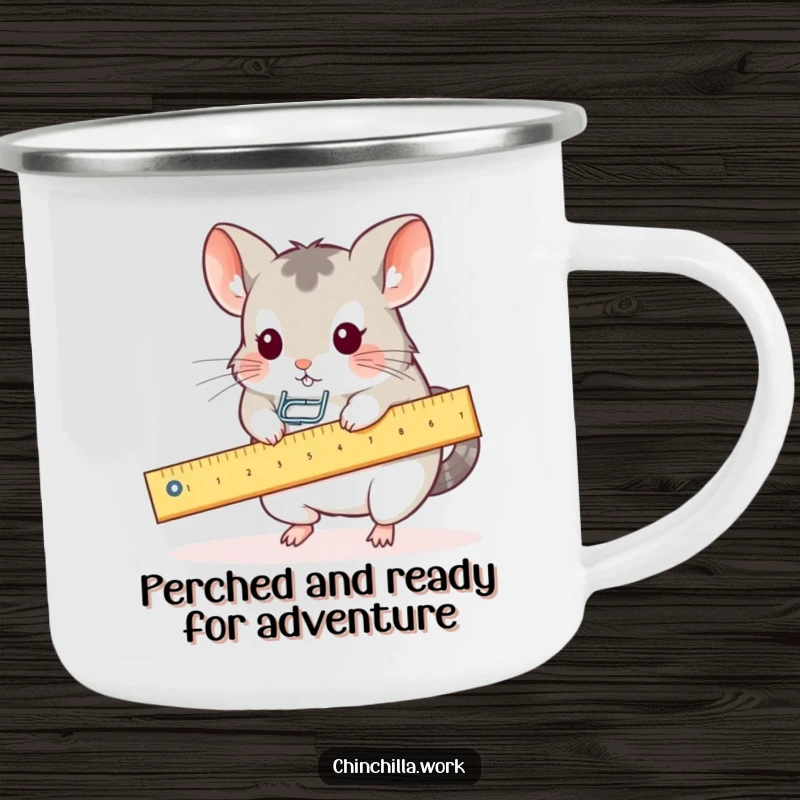 Funny camping mug with a kawaii office chinchilla using a ruler as a seesaw for a paperclip, suitable for adventures.