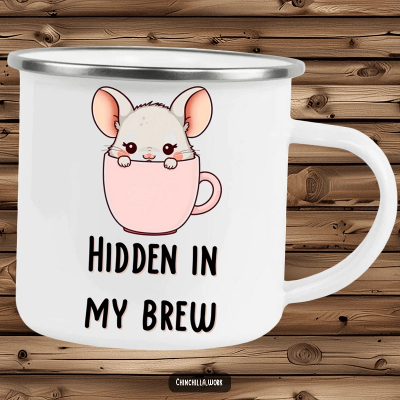 Funny office chinchilla camping mug, hiding in a coffee mug with ears showing, perfect for morning drinks with cute charm.