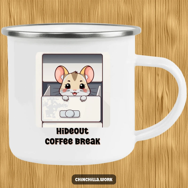 Funny Chinchilla Camping Mug: A chinchilla with a broad grin peeks from a filing cabinet, ready for outdoor adventures and coffee.