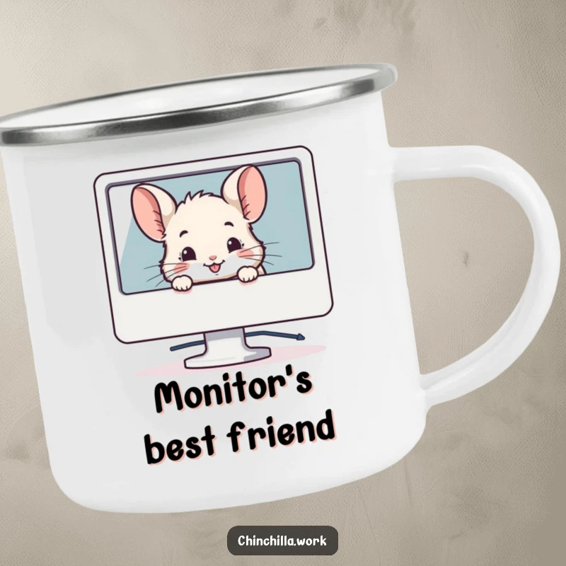 Funny enamel camping mug featuring a chinchilla peeking from behind a computer monitor with a smile, great for outdoor drinks.