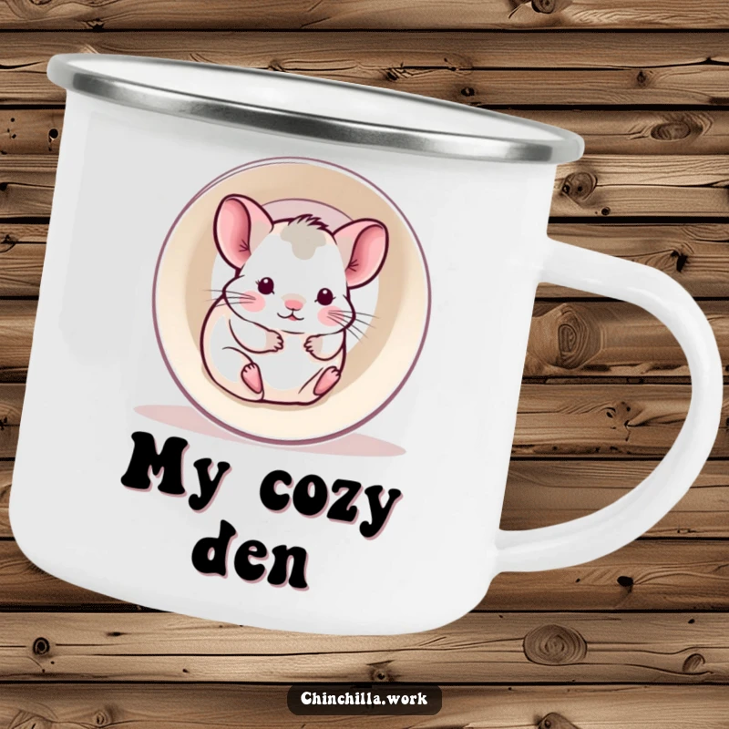 Funny camping mug with a kawaii office chinchilla happily rolling inside a hollowed-out printer paper roll.