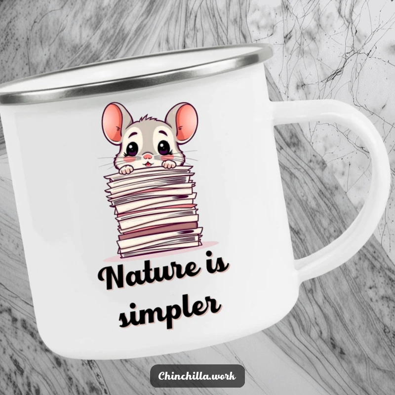 Funny Camping Mug: Surprised chinchilla looking baffled over a stack of papers, ideal for enjoying beverages during outdoor breaks.