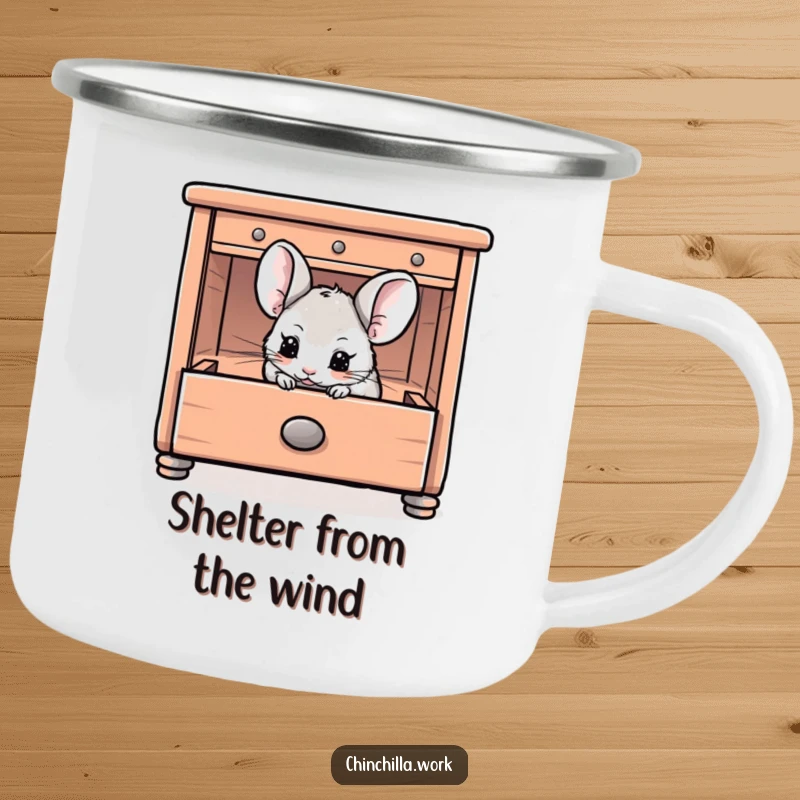 Funny Chinchilla Camping Mug depicting a chinchilla playfully hiding inside an open desk drawer, for whimsical outdoor enthusiasts.