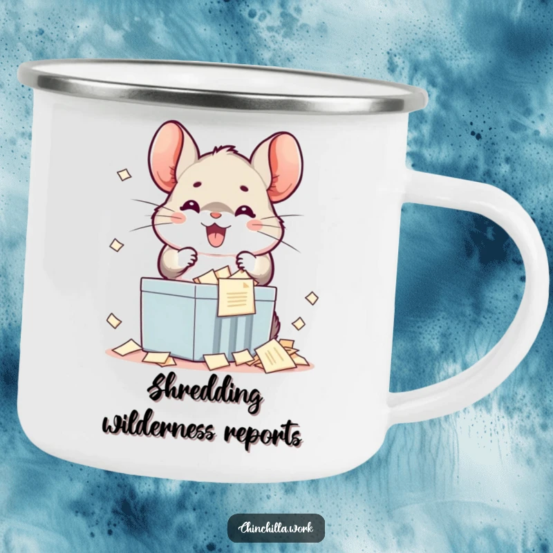 Funny kawaii chinchilla camping mug with a smiling rodent gleefully shredding papers, ideal for outdoor humor.