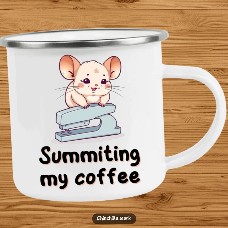 Funny Chinchilla Camping Mug depicting a chinchilla attempting to balance on a stapler, for daring outdoor enthusiasts.