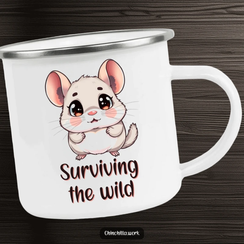Funny chinchilla camping mug featuring a rodent with wide, surprised eyes, reacting comically to a memo, for outdoor humor.
