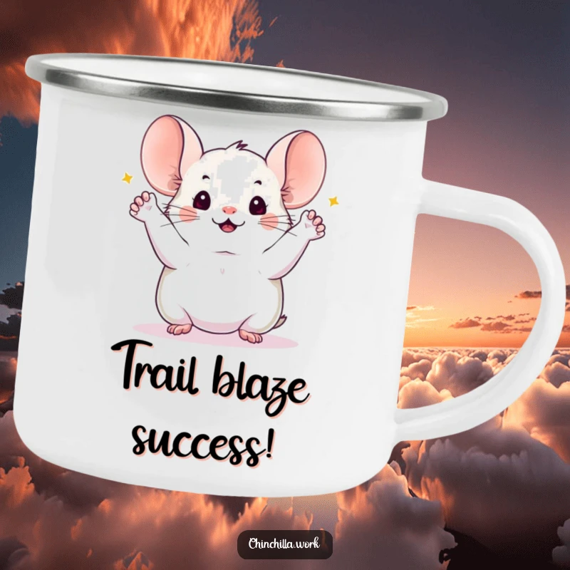 Funny chinchilla camping mug showing a chinchilla with all four paws raised high in celebration of a project completion, perfect for outdoor use.